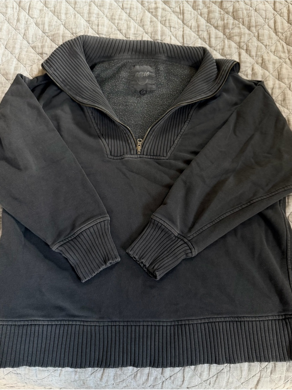 aerie Black Quarter-Zip Ribbed Collar Sweatshirt